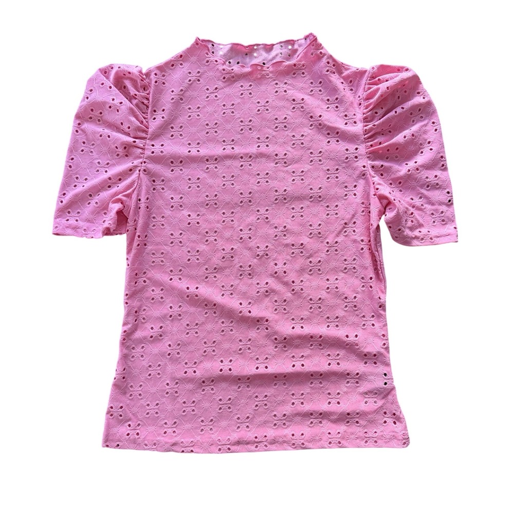 SHEIN Women's L Pink Short Puff Sleeve Eyelet Blouse | SKU 0329‎